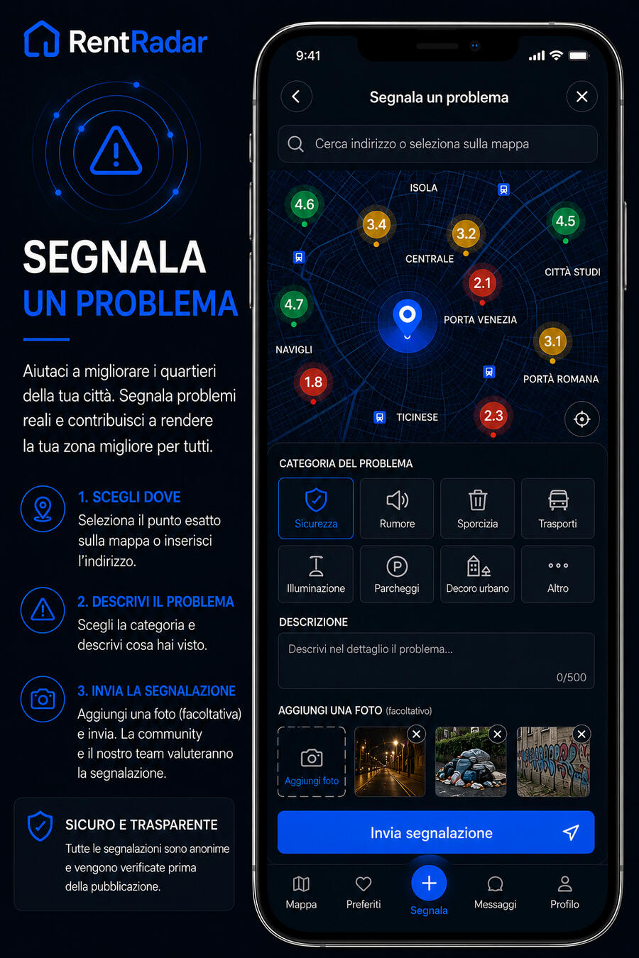 🔵 SEGNALA UN PROBLEMA Aiutaci a migliorare i quartieri della tua città . Segnala problemi reali e contribuisci a rendere la tua 🔵 Home / Benvenuto Accedi alla piattaforma e scopri recensioni reali, segnalazioni e informazioni utili sugli appartamenti.