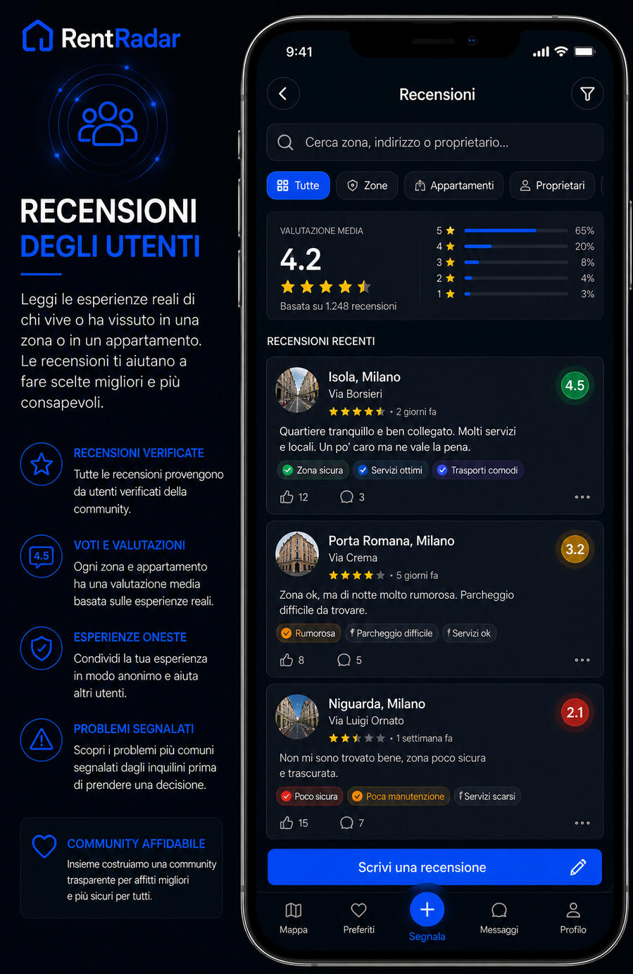 🔵 SEGNALA UN PROBLEMA Aiutaci a migliorare i quartieri della tua città . Segnala problemi reali e contribuisci a rendere la tua 🔵 Home / Benvenuto Accedi alla piattaforma e scopri recensioni reali, segnalazioni e informazioni utili sugli appartamenti.